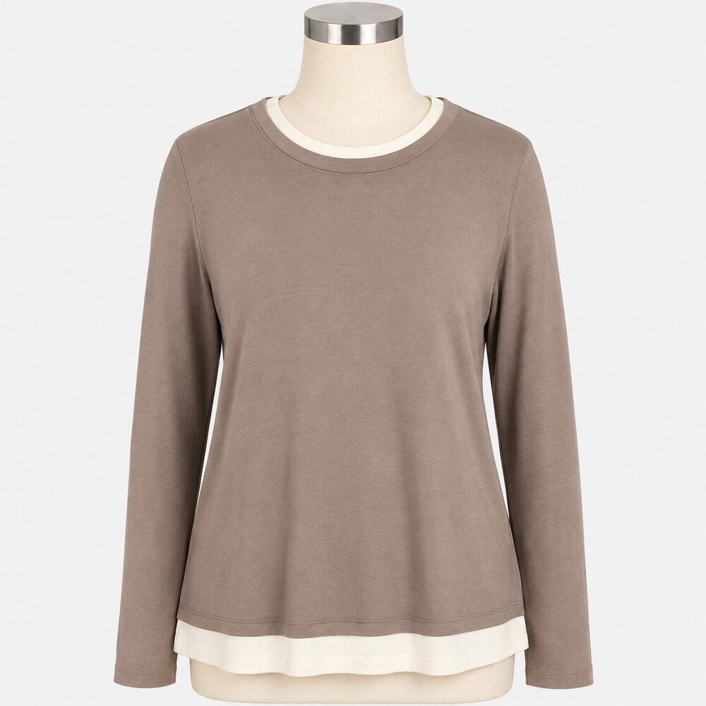 Three Dots Veronica Layered Long Sleeve Tee Women's Large Taupe Cream Stretch